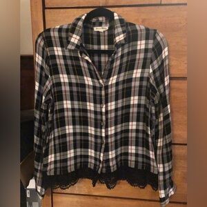 Jane & Delancey Plaid flannel shirt with lace trim